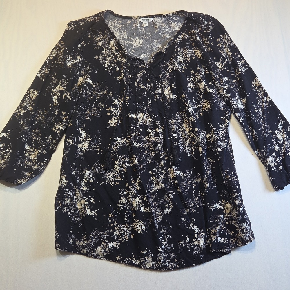 Sonoma Goods For Life Blouse Womens L Black Floral Rayon Tassel Tie‎ Boho Top